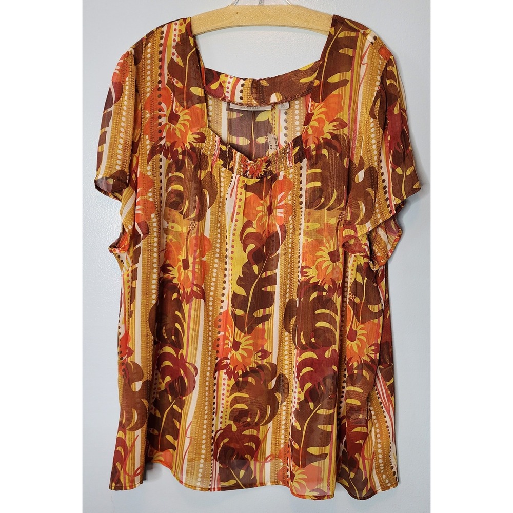 Avenue Tropical Floral Blouse Women 30/32 Orange Brown Chiffon Tunic NWT Sheer
